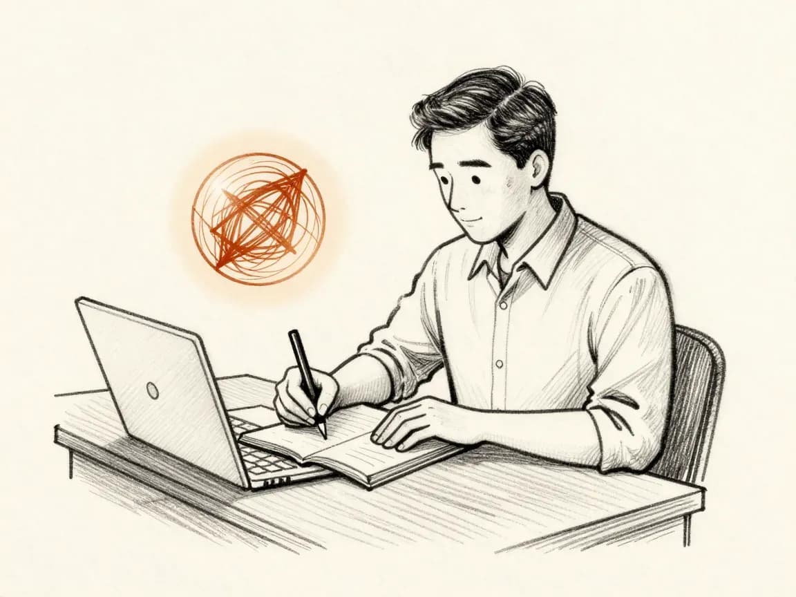 Un professionnel écrit à son bureau, l'orbe de Maria à ses côtés — illustration dessinée à la main
