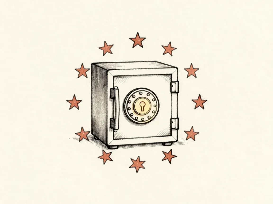 Un coffre-fort entouré des étoiles européennes — illustration dessinée à la main