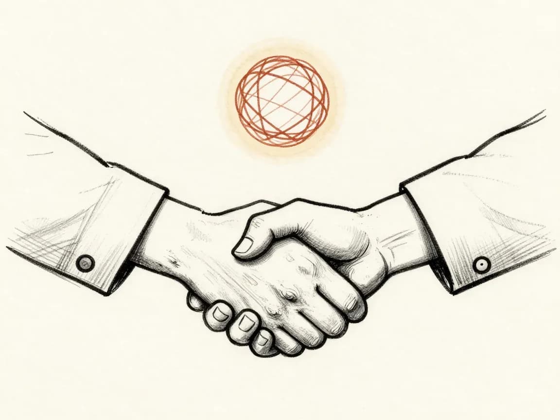 Une poignée de main sous l'orbe de Maria — illustration dessinée à la main